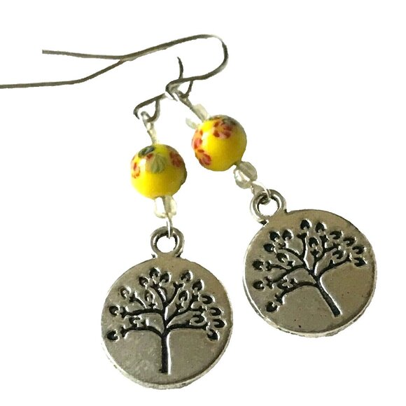 Vintage Tree of Life Murano Art Glass Bead Earrings Yellow Red Silver Plated - Picture 1 of 10